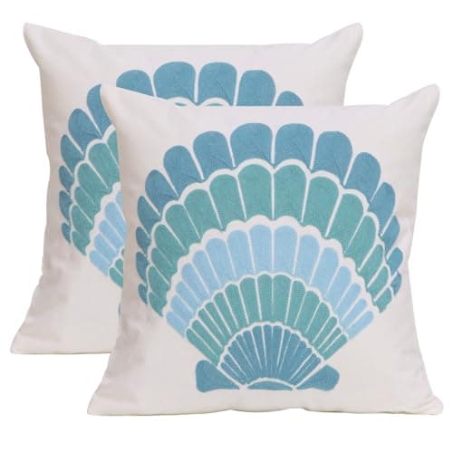 Image of UnionKK 1 PCS Embroidered Throw Pillow Cover Cotton Decorative Square Cushion Cases for Home Sofa Bed and Chair 18 x 18 Inch (Blue Shell-2)