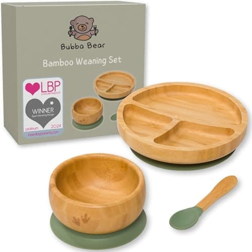Image of Bubba Bear Baby Bamboo Weaning Set | Toddler & Babies Plates & Bowls with Suction | Childs Led Feeding Plate, Bowl and Spoon Set | Wooden Dinner Essentials Sets for Kids | Eco Friendly & BPA Free
