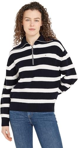 Image of Tommy Hilfiger Women’s Half Zip Knitted Jumper, Multicolor (Desert Sky/Ivory Petal Stripe), M