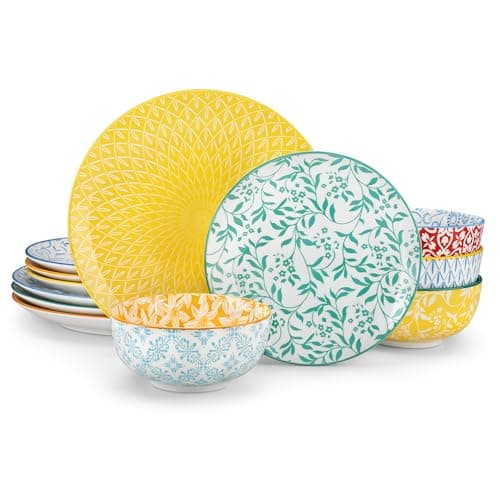 Image of vancasso Selene Colorful Floral Porcelain Dinner Set for 4, 12 Pieces Plates and Bowls Set Dinnerware Sets with Dinner Plates/Dessert Plates/Cereal Bowls, Mircowave & Dishwasher Safe