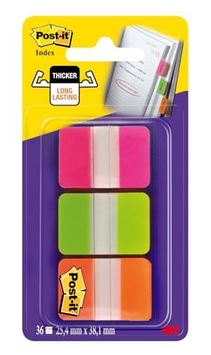 Image of Post-it Index Medium Strong Filing Tabs, 36 Tabs, 25.4 mm x 38.1 mm, Orange, Pink and Green - Sticky Flags for Documents and Information