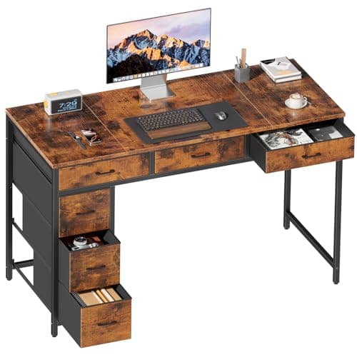 Image of DLONGONE Computer Desk with 6 Drawers, 120 x 50 cm Home Office Desk, Reversible Study Table with Storage, Desks & Workstations for Workers, Students and Gamers, Industrial Style, Rustic Brown