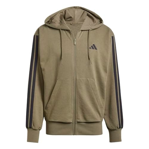 Image of adidas Men's ESSENTIAL THREE STRIPES FRENCH TERRY FULLZIP HOODIE, Olive Strata/Black, S
