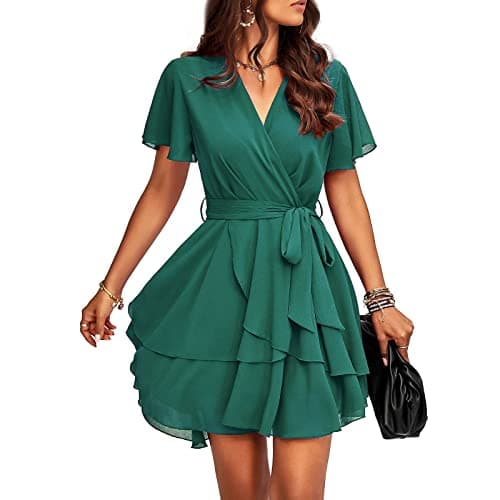 Image of TcIFE Women's Casual Dress Deep V-Neck Short Sleeve Waist Tie Ruffle Chiffon Elegant Mini Short Swing Skater Dresses, Green, XL
