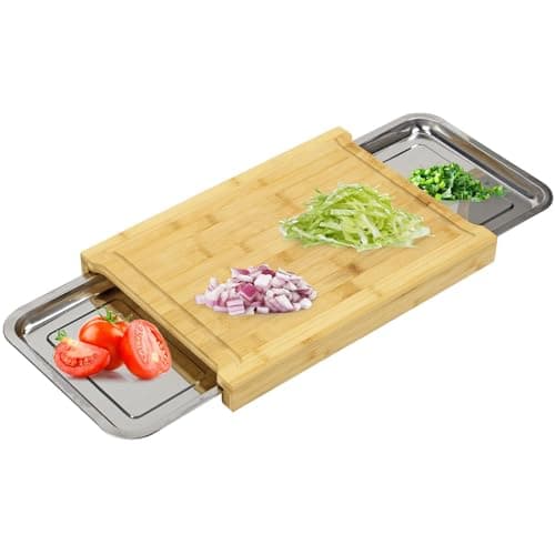 Image of Taylor & Brown Bamboo Organic Wooden Chopping Board Cutting Slicing with 2 Sliding Stainless Steel Trays for Food Prep, Meat, Vegetables & Bread, 30cm x 42cm x 4cm