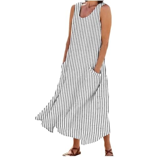 Image of Summer Beach Dresses for Women UK Cotton Linen Maxi Dress Sleeveless Casual Holiday Sundress Boho Solid Color Long Dress Ladies Elegant Loose Tunic Dresses A-Line Swing Sundresses with Pockets White