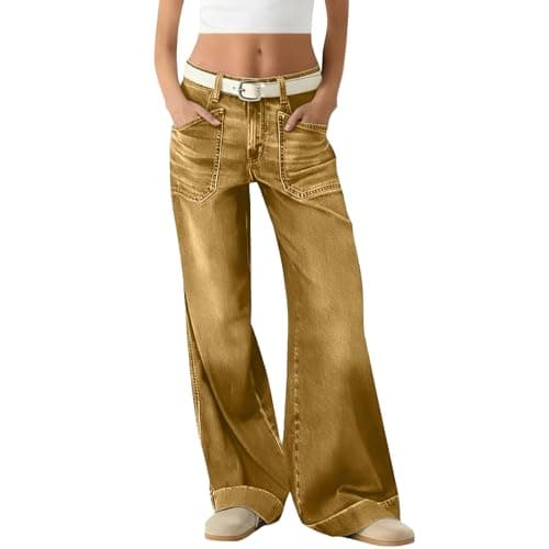 Image of Bootcut Jeans for Women Petite Low Rise Straight Wide Leg Flared Jeans Button Fly Vintage Baggy Loose Fit Bell Bottom Denim Trousers with Pockets,Zb-Yellow,S