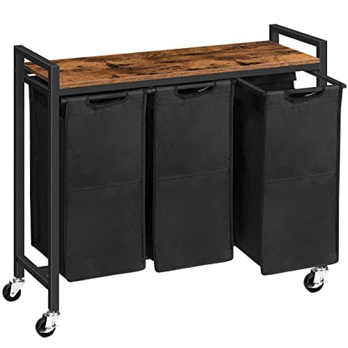 Image of HOOBRO Laundry Basket 3 Compartments, Laundry Sorter 3 × 40 L, Laundry Hamper with Lid, Laundry Trolley on Wheels, Washing Baskets for Bathroom, Bedroom, Rustic Brown and Black EBF38XY01G1