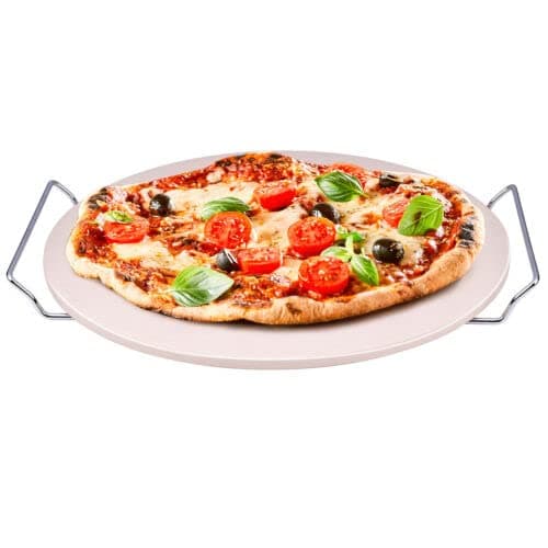 Image of 33cm 13'' Pizza Stone W/Chrome Stand Oven Baking Grill BBQ Ceramic Serving Tray Rack Round with Serving Board & Chrome Stand