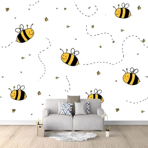 Image of Wall Murals Cartoon Animal Bee Cute Track Non-Woven Wallpaper 200 x 140 cm Large Photo Wallpaper, for Living Room Bedroom Wall Covering Mural Decor Photo Wall Paper White