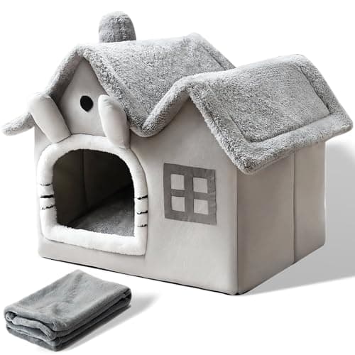 Image of SEOUGEE Cat Cave Bed, Warm Cosy Dog Bed Indoor With Removable Cushion, Comfortable Plush Pet Cat igloo, Washable Foldable Cat Houses with Non-Slip Bottom