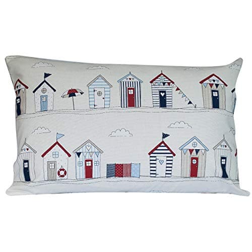 Image of Linen Loft Beach Hut XL Rectangular Cushion Cover - 23" x 15" Decorative Scatter Pillow in Nautical Red and Blue. Cover Only.