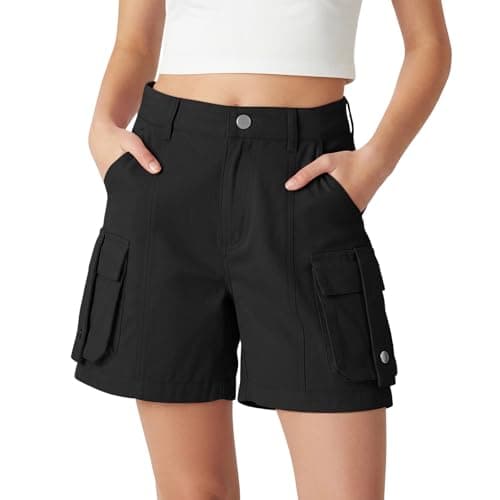 Image of Rolanko Girls Cargo Shorts, Lightweight Cotton with A Semi Elastic Waistband Summer Uniform Shorts for Tweens, Black, 12-13 Years, 160