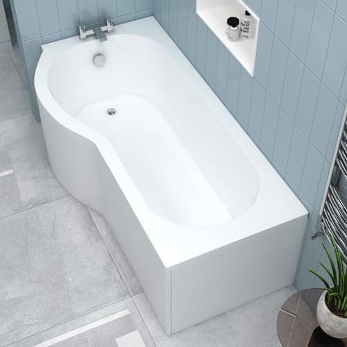 Image of 1700 x 850mm P Shape Shower Bath, Gloss White Soaking Shower Bath, Acrylic Baths for Bathrooms, Left Hand Round, Adjustable Leg Set - Elva
