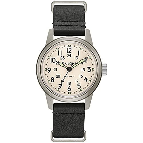 Image of Bulova Men's Military Heritage Hack Stainless Steel 3-Hand Automatic Watch, Black NATO Leather Strap and Ivory Dial Style: 96A246, Silver, Pilot/Aviator, Military