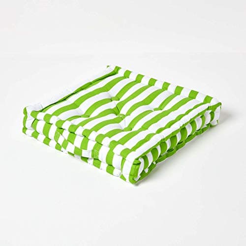 Image of HOMESCAPES - Thick Stripe Green - 100% Cotton - Floor Cushion - Lime Bright Green - 40 x 40 x 8 cm Square - Indoor - Garden - Dining Chair Booster - Seat Pad Cushion.