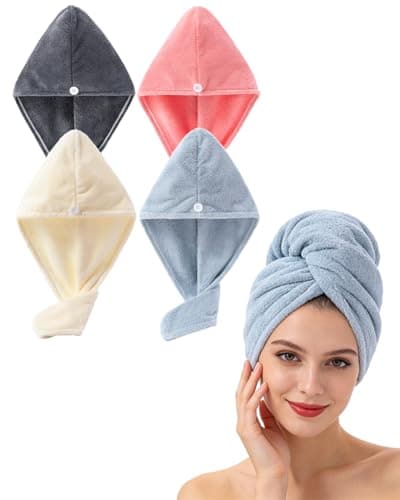 Image of Lumimi Hair Towel Wrap 4 Pack for Women - Microfiber Fast Dry Turban, Anti Frizz Button Design, Lightweight Absorbent Hair Cap for Straight/Curly/Long Hair, 25cm x65cm Travel Towel (4 Colors)