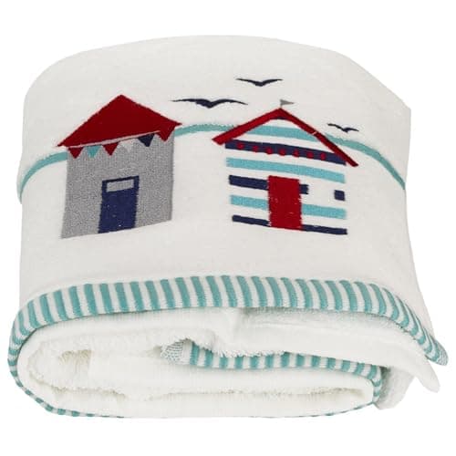 Image of Vintage Collection Beach Hut Embroidered 100% Turkish Cotton Hand Towel, White/Multi