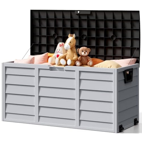 Image of The Fellie Garden Storage Box with Wheels, 290L Lockable Garden Storage Boxes Waterproof, Plastic Outside Storage Box for Gardening Tools, Cushions, Toys, 112x49x54cm, Dark Grey