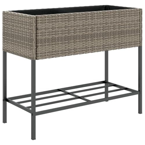 Image of vidaXL Garden Planter with Shelf - Grey Poly Rattan Flower Pot, Powder-Coated Steel Frame, 90x40x75 cm, Raised Bed for Patio, Decorative Outdoor Plant Box
