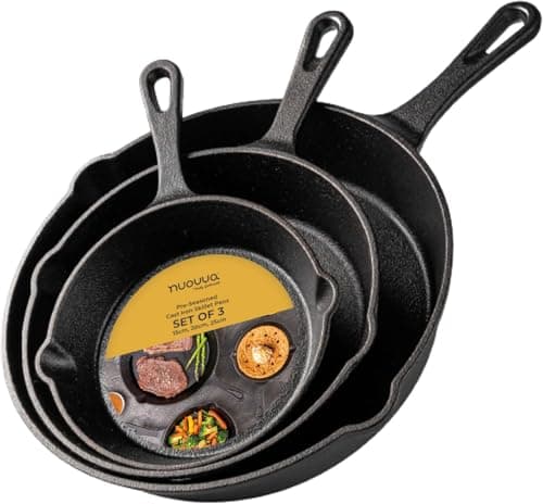 Image of nuovva Pre-Seasoned Cast Iron Skillet Frying Pan Set Oven Safe Cookware for Indoor & Outdoor Use - Grill, Stovetop, PFOA & PTFE Free (3-Piece Chef Set 6-Inch 15cm, 8-Inch 20cm, 10-Inch 25cm)