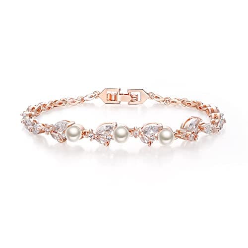 Image of Clearine Wedding Bridal Pearl Bracelet for Women, Elegnt Sparkle Marquise Cubic Zirconia Tennis Bracelet, Rose Gold Plated Party Prom Jewellery