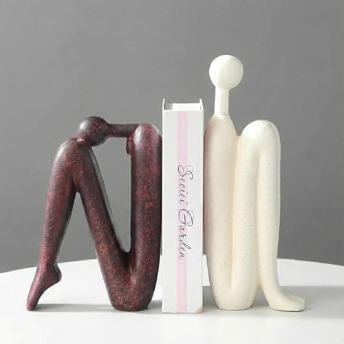 Image of Book Ends Decorative for Shelves – Modern Abstract Human Figure Bookends, Heavy Duty Book Holder and Book Stopper, Ceramic Stylish Shelf Decorations and Bookends for Shelves(Ivory & Red Brown)