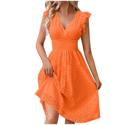 Image of Zeiayuas Womens Orange Floral Print Boho Midi Dress with Ruffle Sleeves, Lace, V-Neck, High Waist, Drawstring, Adult Women's Casual, Business, Evening, Ceremony Dress