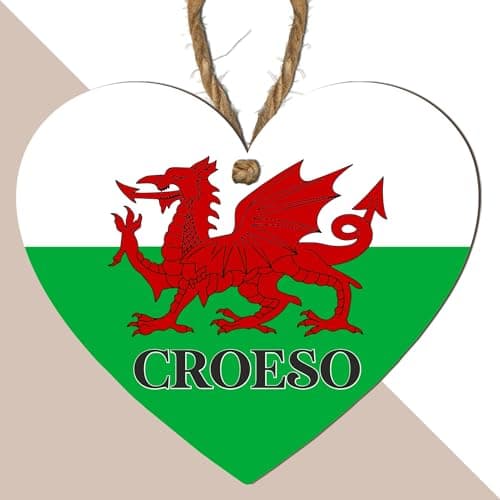 Image of Croeso Welsh Dragon Plaque | Welsh Welcome Sign | Heart-Shaped Hanging Wooden Plaque for Welsh Home Décor | Indoor Wall Sign with Red Dragon Design (Small: 10 cm (H) × 9 cm (W))