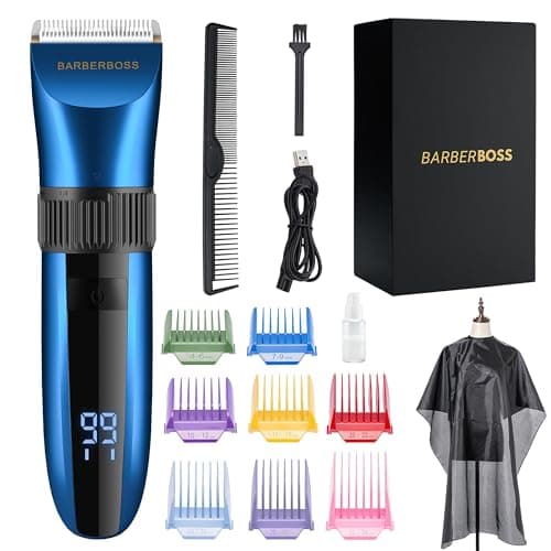 Image of BarberBoss Cordless Self-Sharpening Beard & Hair Trimmer, Ceramic Blades, LED Display, Fast Charging, and 8 Color Comb Attachments QR-2082