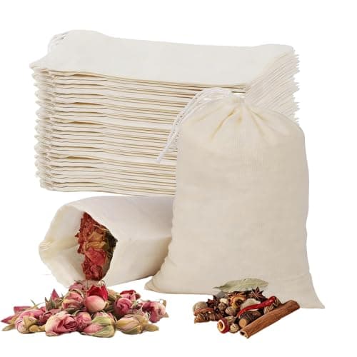 Image of Pure Cotton Reusable Mesh Bags, 50 Pcs Cotton Muslin Bags with Drawstring Empty Spice Bag for Loose Tea Scented Tea Coffee Herbal (15×10cm, Beige)
