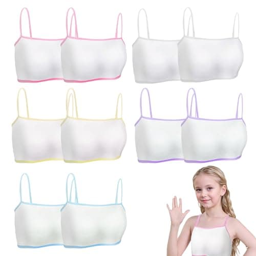 Image of GMHLLES Crop Tops for Girls 10 Pcs Girls Crop Tops, Soft Cotton White Sports Bra Camisole Style, Lightweight Seamless Training Bra for Teens Girl, 8-12 Years