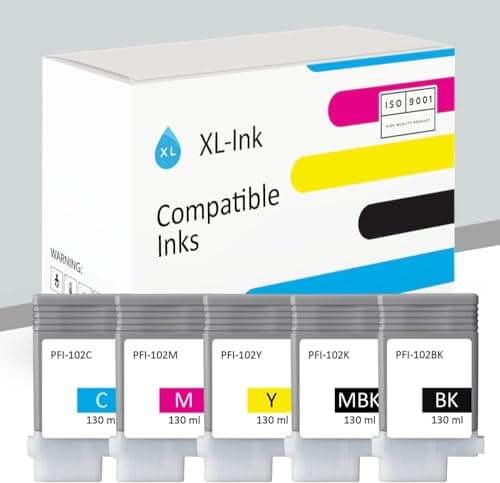 Image of XL-Ink Compatible with Canon PFI-102 (MBK, BK, C, M, Y) Ink Cartridges, Pack of 5