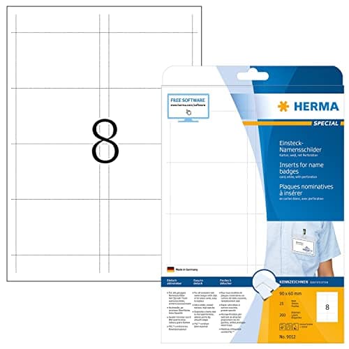 Image of HERMA Name Badge Insert Refills, 8 Pieces Labels per A4 Sheet, 25 Sheets, 90 x 60 mm, 200 Pieces, Blank Inserts for Name Badges, Printable Card Inserts for Laser & Inkjet Printer, White