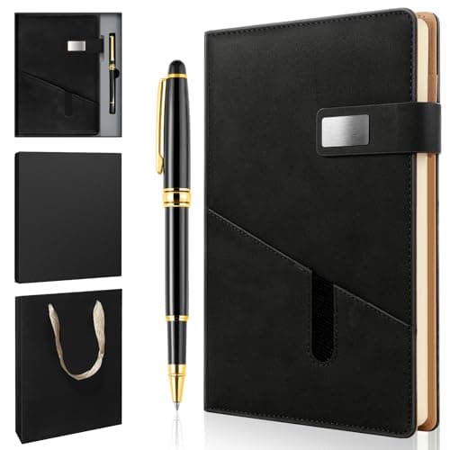 Image of A5 Lined Leather Notebook and Pen Set with Gift Box, 240 Pages Refillable Journal with Pocket and Magnetic Buckle, Hardcover Daily Diary for Men and Women Business Travel Personal Writing- Black