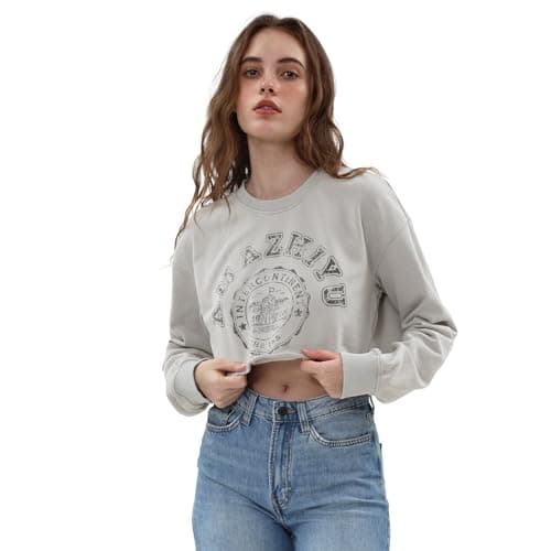 Image of Amazhiyu Women Cropped Hoodie, Ladies Printed Sweatshirt Long Sleeves Pullover Crop Tops for Fall Spring UK Grey S