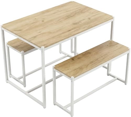 Image of Blisswood Dining Table with 2 Benches for 4, 110cm Industrial Kitchen Table Set for Small Spaces, MDF Wooden Dining Table with Metal Frame, Space Saving Dining Room Furniture for Home & Apartment, Oak