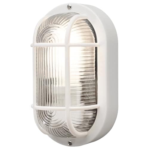Image of Konstsmide 7650-200 Elmas Bulk Head Outdoor Wall Light Mains Powered/W: 12cm D: 10.5cm H: 20cm / 1 x 40 W E27 Max Wall Lamp/Clear Ribbed Glass/Plastic / IP44 / Outside Light White