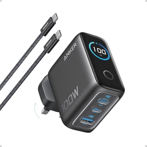 Image of Anker 100W USB C Charger, 3-Port Fast Charger Plug, Ultra-Compact GaN Laptop Charger, Smart Display, Touch Control, for MacBook, iPad, iPhone 17/16/15 Series (USB-C Cable Included)