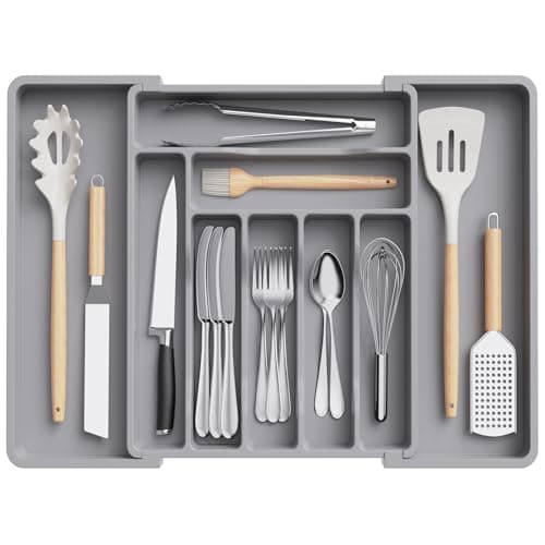 Image of Lifewit Extendable Cutlery Drawer Organiser, Adjustable Cutlery Tray, Utensil Holder for Forks, Spoons, Knives, Plastic Kitchen Organiser and Storage, 9 Compartment, 33-57 x 38cm, Grey