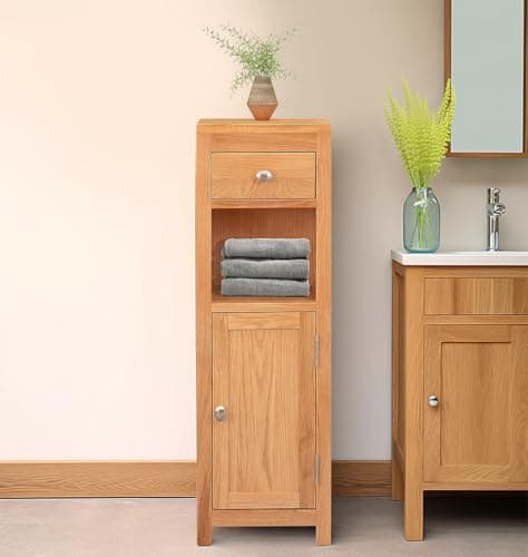 Image of Hallowood Furniture Waverly Oak Small Cupboard Storage Unit with Shelf and Drawer, Freestanding Wooden Small Cabinet, Display Cabinets for Bathroom, Bedroom or Living Room, Hallway Storage Unit