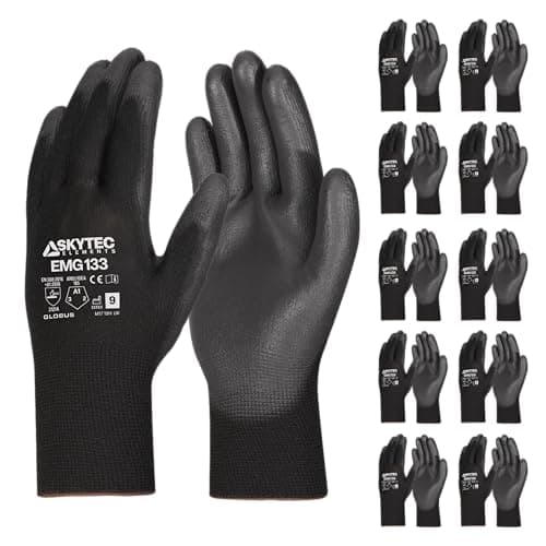 Image of Skytec Pack of 10 or 120 Black Safety Work Gloves, Outdoors PU and Nylon Non-Slip Work Handling Gloves, Good Dexterity Firm Grip Protective Working Gloves (Pack Of 10 Pairs, Medium)