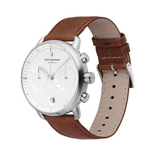 Image of Nordgreen Pioneer Men's Chronograph Watch Minimal Silver Large 42mm Face White Dial and Interchangeable Straps (42mm, Brown & Black Leather Straps (Set))