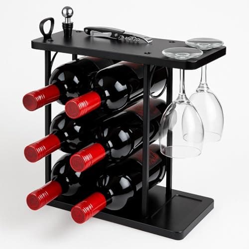 Image of Velvet183 6 Bottle Wine Rack Countertop – Small Black Wooden Wine Rack with Glass Holder – Compact Wine Storage Stand for Kitchen, Home Bar