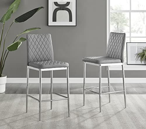 Image of Furniturebox UK Counter Stools - Milan Stools for Kitchen Counter or Dining Room - Set of 2 - Contemporary Grey Soft Faux Leather Stools with Silver Chrome Legs (2x Grey Faux Leather Stools)