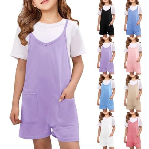 Image of Teen Girls Solid Spaghetti Strap Short Overalls Youth School Preppy Loose Soft Sleeveless Jumpsuit Clothes Summer Lightweight Cute Comfy Multi Color Fit Overalls (Purple, 9-10 Years)