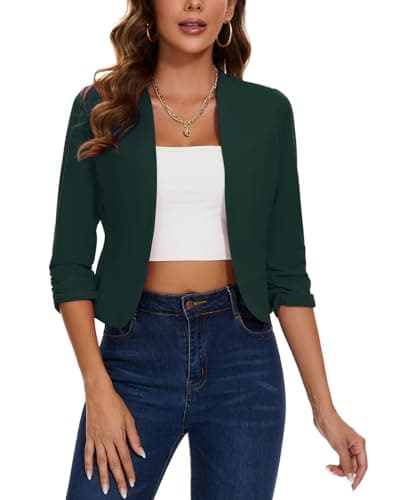 Image of LADI TREND Womens Cropped Blazer Collarless Suits & Blazers Open Front Jackets 3/4 Ruched Sleeve Outerwear Half Linen Cardigan (Dark Green M)