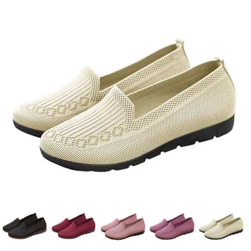 Image of UK 8 Women's Knitted Flat Shoes Extra Wide Eee Fit Lightweight Comfortable Loafers Women Footwear Slip on Casual Breathable Mesh Walking Shoes Low-Top Round Toe Trainers A0_Beige Clearance