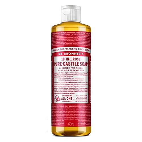 Image of Dr Bronner's 18-in-1 Rose Pure Castole Liquid Soap, Made with Organic Oils, Used for Face, Body, Hair, Kitchen & Pets. Certified Fair Trade & Vegan Friendly, 473ml Recycled Bottle
