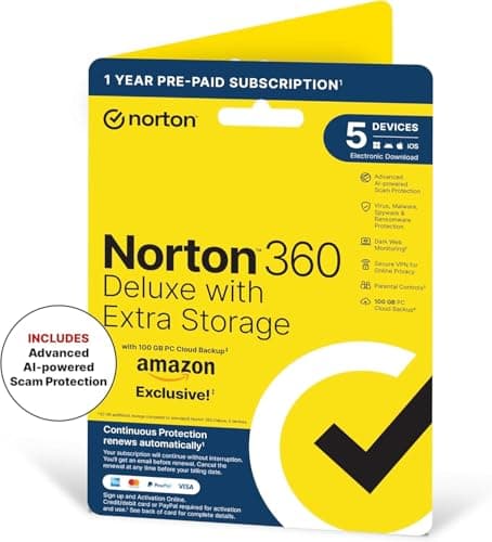 Image of NORTON 360 DELUXE PLUS 100GB IN 1 USER 5 DEVICE 12MO AMAZON ENR DVDSLV
